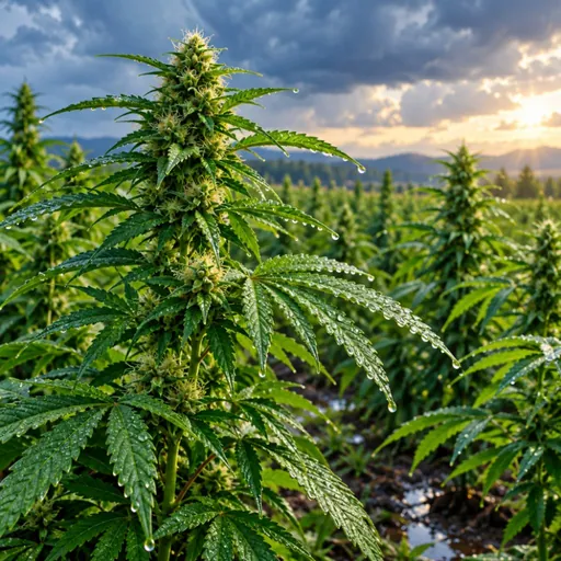 Hemp plant with rain droplets in a field.