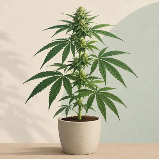 Illustrated hemp plant in a simple pot.