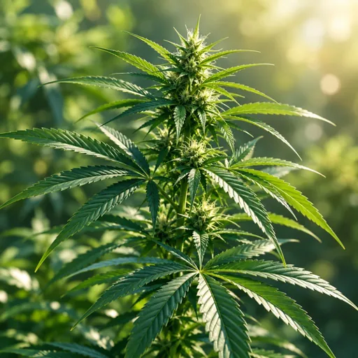 Hemp foliage in soft sunlight.