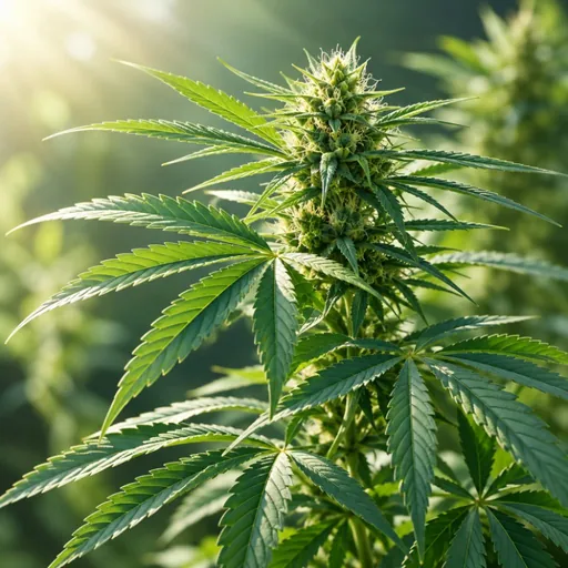 Hemp foliage in soft sunlight.