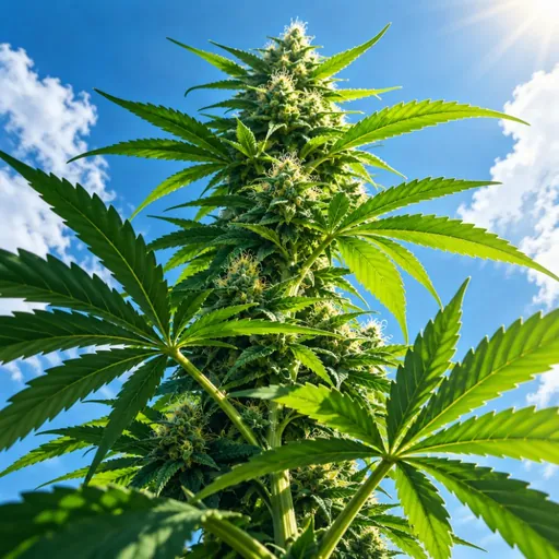 Hemp plant viewed from below against the sky.