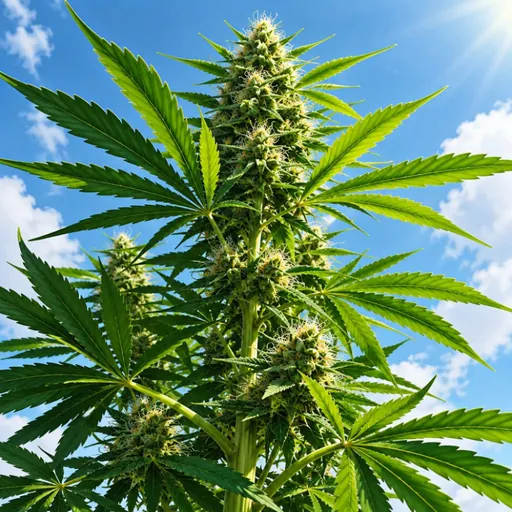 Hemp plant viewed from below against the sky.