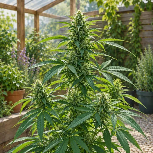 Hemp plants growing in a sheltered garden.