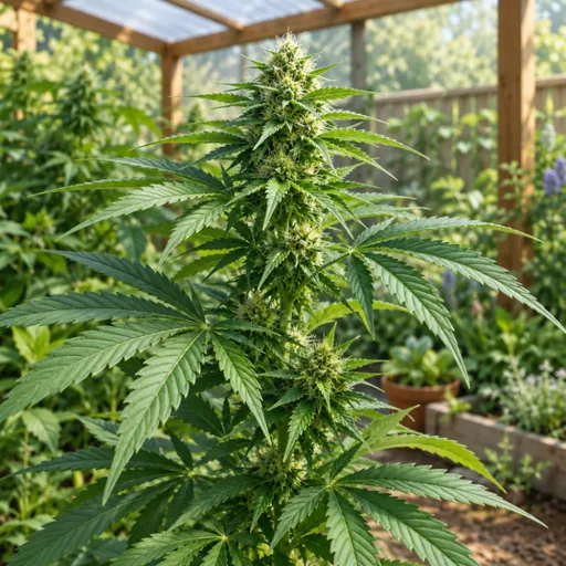 Hemp plants growing in a sheltered garden.